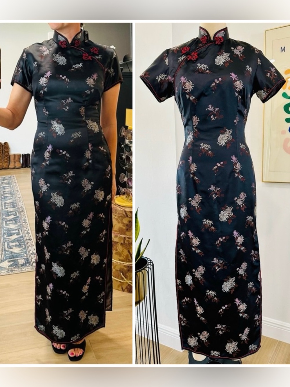 Vintage Black Floral Cheongsam Maxi Dress